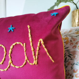 Hell Yeah Embroidered Pink Velvet Cushion