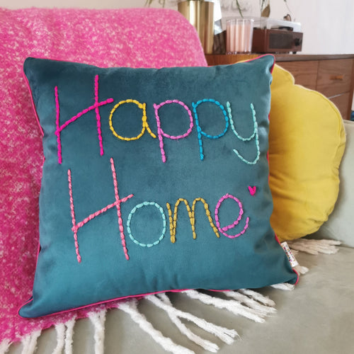 Happy Home Embroidered Velvet Cushion