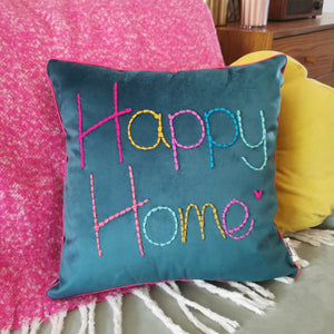 Happy Home Embroidered Velvet Cushion