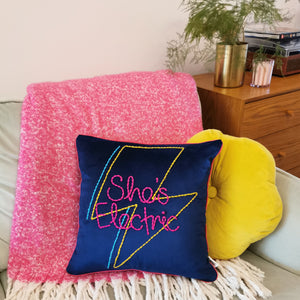 She's Electric Lightning Bolt Embroidered Velvet Cushion