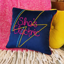 Load image into Gallery viewer, She&#39;s Electric Lightning Bolt Embroidered Velvet Cushion