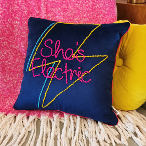 She's Electric Lightning Bolt Embroidered Velvet Cushion