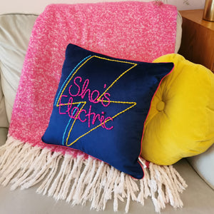 She's Electric Lightning Bolt Embroidered Velvet Cushion