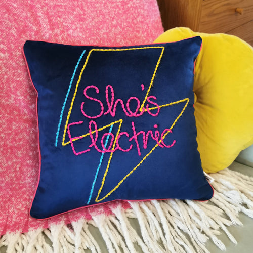 She's Electric Lightning Bolt Embroidered Velvet Cushion