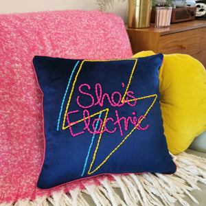 She's Electric Lightning Bolt Embroidered Velvet Cushion