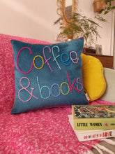 Load image into Gallery viewer, Coffee and Books Colourful Embroidered Velvet Cushion