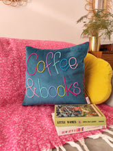 Load image into Gallery viewer, Coffee and Books Colourful Embroidered Velvet Cushion