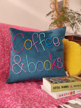 Load image into Gallery viewer, Coffee and Books Colourful Embroidered Velvet Cushion