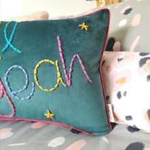 Load image into Gallery viewer, Hell Yeah Embroidered Teal Velvet Cushion