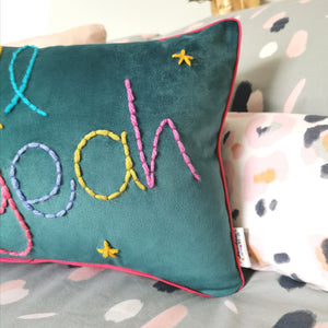 Hell Yeah Embroidered Teal Velvet Cushion