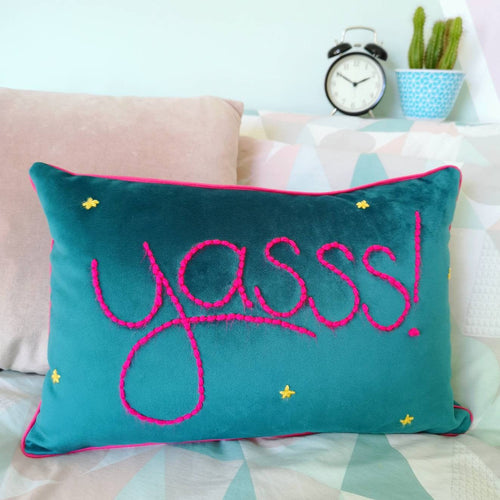 Yasss! Embroidered Colourful Velvet Cushion