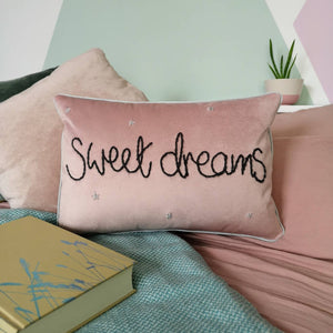 Sweet Dreams Embroidered Pink Velvet Cushion